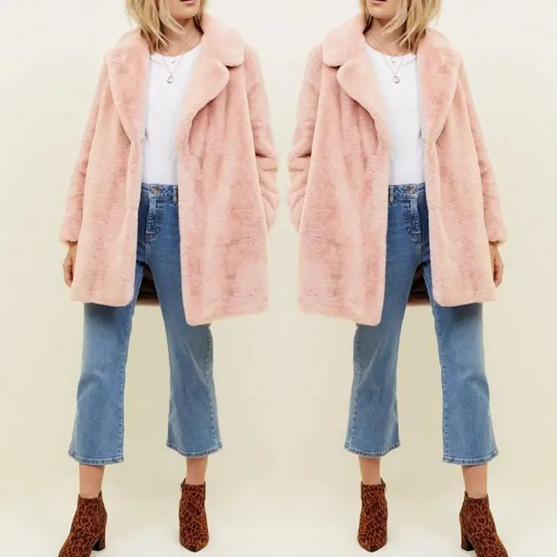 Элегантное розовое мохнатое Женское пальто из искусственного меха уличная