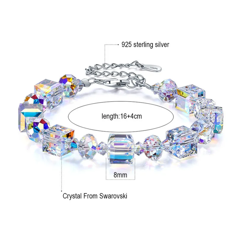 Женский браслет с квадратными кристаллами Swarovski роскошный из стерлингового