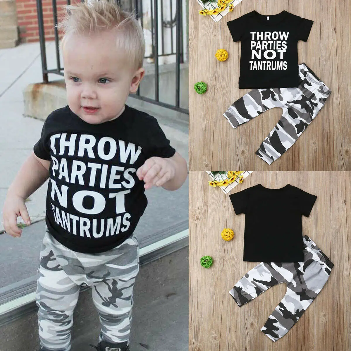 2019 Canis Summer Toddler Baby Boys Clothes Short Sleeve T-Shirt Top+Long Camo Pants Cotton Outfits Camouflage Fashion Set |