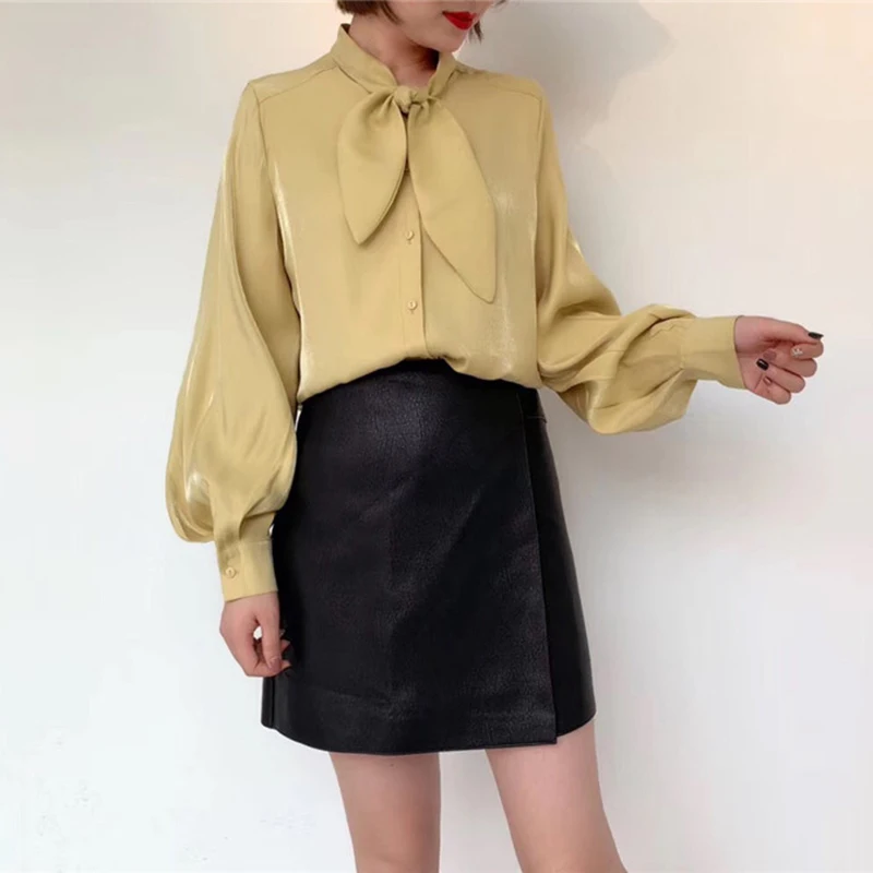 TWOTWINSTYLE Атласные Рубашки Блузки женские с завязкой в виде банта длинным рукавом