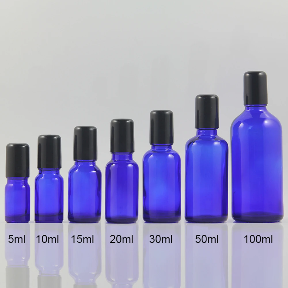 Empty glass blue 5ml roller bottles for oils, Glass roller ball and stainless steel roller ball for choice