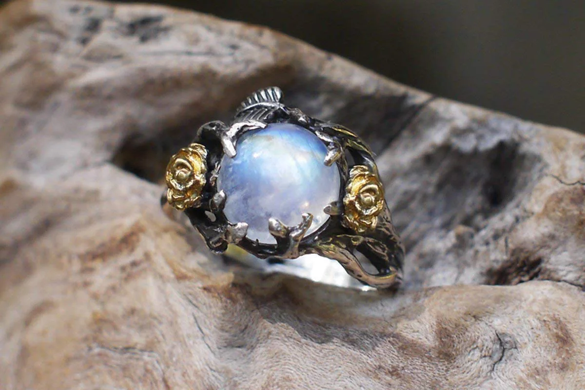 Retro Flower Shape Rings for Women Blue Round Colorful Opal Stone Gold Knuckle Two-tone Wedding Ring Love Jewelry Accessories | Украшения и