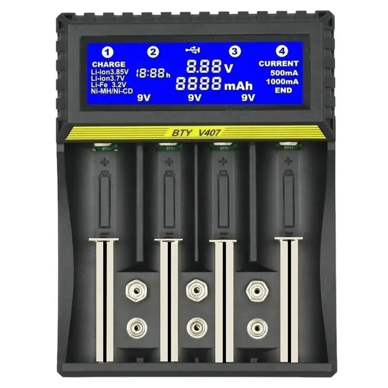 BTY V407 зарядное устройство Li Ion fe Ni MH CD умное быстрое для 18650 26650 6F22 9V AA AAA 16340