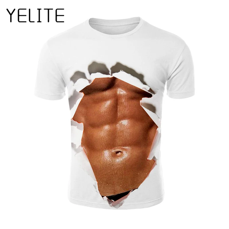 YELITE поддельные Двойка МЫШЦЫ печатных белая футболка Для мужчин Pectorale3D Футболка с