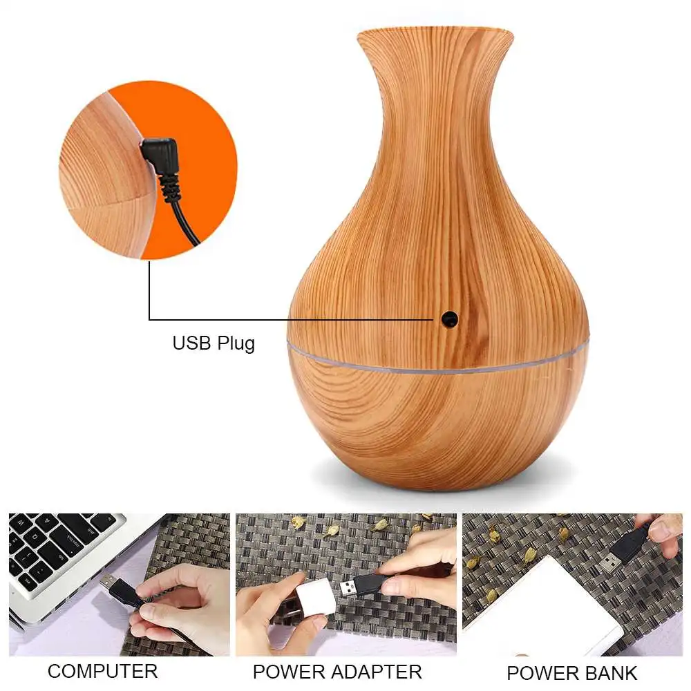 

USB Electric Wood Grain Ultrasonic Cool Mist Humidifier Aroma Essential Oil Diffuser 7 color LED lights for Office Home
