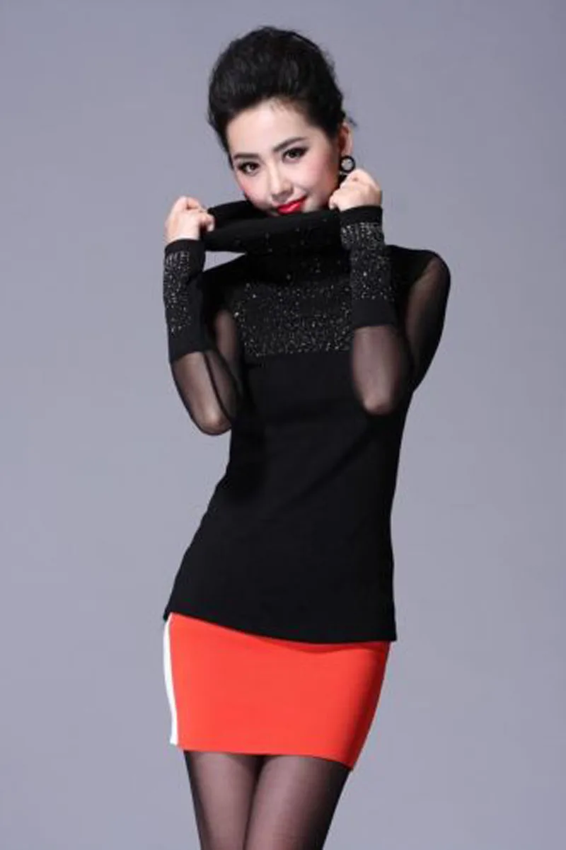 2019 New Brand Fashion UK Women's Sexy Rhinestone Turtle Neck Sweater Long Sleeve Slim Oversize | Женская одежда