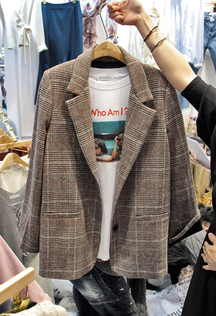 S - XL Coffee Plaid Blazer Jackets Women Office Lady Suit Coat Female Notched Formal Slim Long Sleeve Outerwear Feminino | Женская