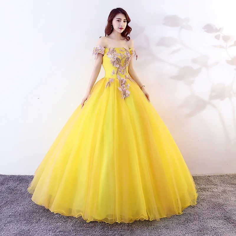 Vestidos De 15 Anos 2019 Дешевое бальное платье с открытыми плечами кружевное желтое