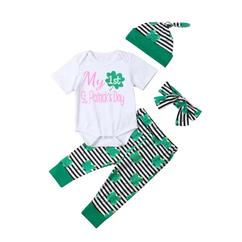 2019 Brand 4Pcs Newborn Baby Boy Clothes Cute Cotton Short Sleeve Top Bodysuit Long Stripe Pants Hat Headband Outfit Set 0-24M |