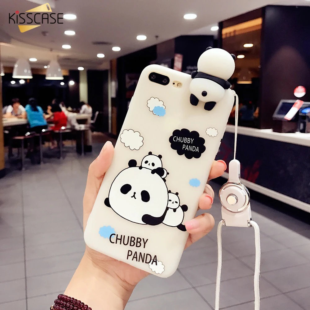 KISSCASE Cute Panda Case For iPhone X 6S 7 8 Plus Silicone Phone With String Transparent Coque 6 Funda |