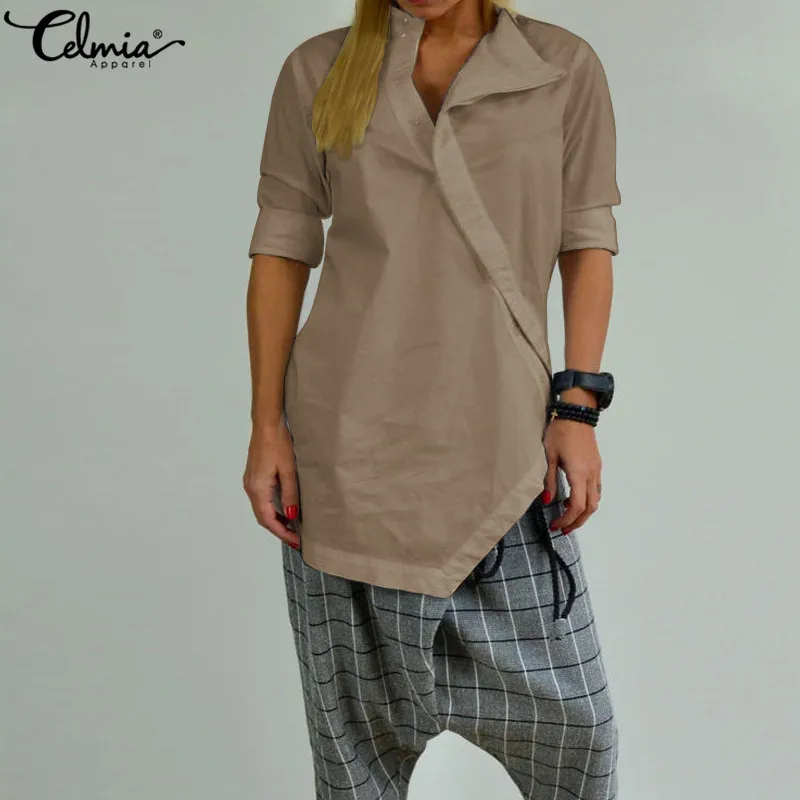 Celmia Весна Blusas Chemiser Femininas Необычные льняные блузки женские повседневные свободные Туники Топы на пуговицах длинные рубашки размера плюс