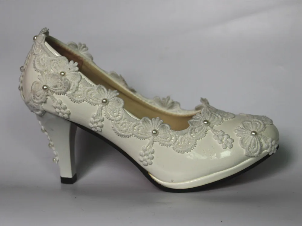 

White lace women Shoes Lace Wedding Shoes 8CM High Heels Shoes White Lace Sweet Pumps Princess Party Heels