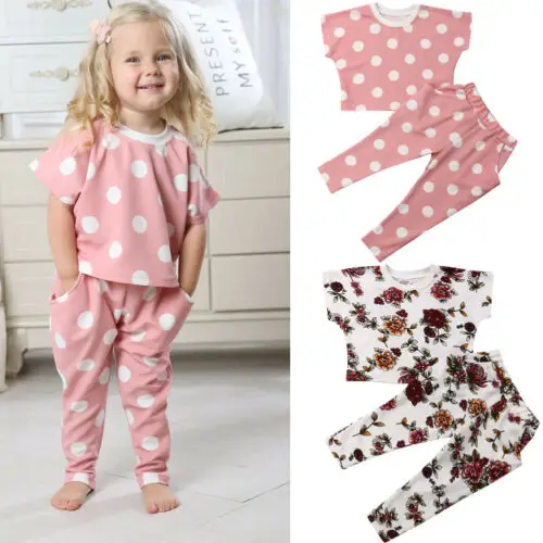 Toddler Baby Boys Girl Floral/Dot Short Sleeve Tops+Pants Outfit Set Clothes | Детская одежда и обувь