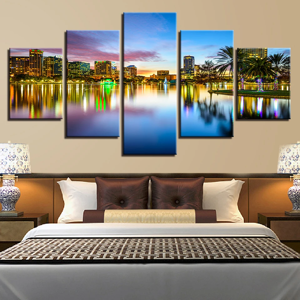 

Canvas Printed 5 Pieces Seaside City Building Nightscape Paintings Home Decor For Living Room Wall Art Poster Pictures Artwork