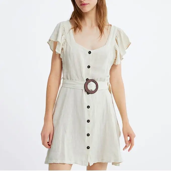 Женское мини-платье Лето 2019 Новое поступление хлопок и холщовый ремень