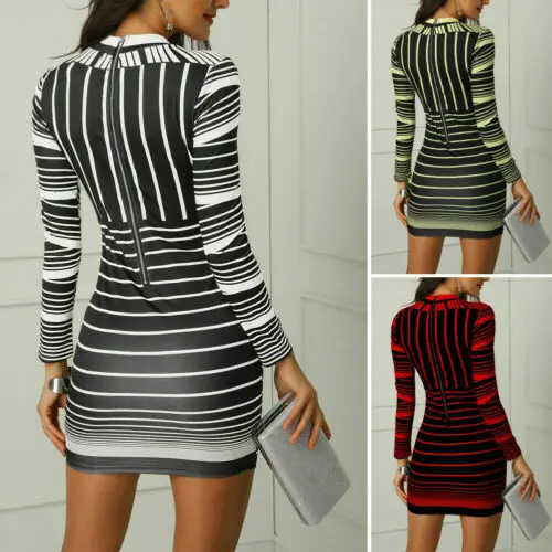 

2019 Womens Bodycon Long Sleeve Striped Evening Party Club Wear Short Mini Dress