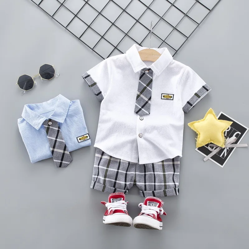 Kids Fashion Clothing Summer Children Boys Grils Cotton Clothes 2020 Plaid Tie Shirt Pants 2Pcs/Sets Toddler Gentleman Tracksuit | Мать и