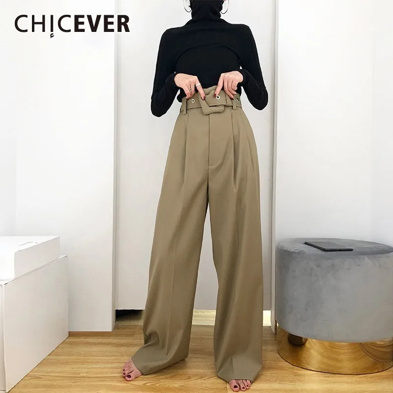 CHICEVER Casual Solid Trousers For Women High Waist Zipper Bandage Sashes Pockets Wide Leg Pants Female Summer Korean Fashion | Женская