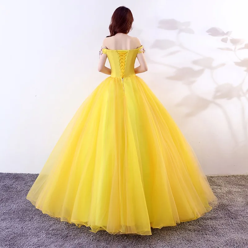Vestidos De 15 Anos 2019 Дешевое бальное платье с открытыми плечами кружевное желтое
