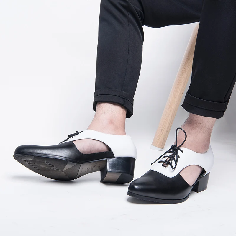 Классические черно-белые мужские летние дышащие сандалии на каблуке 5 см с острым