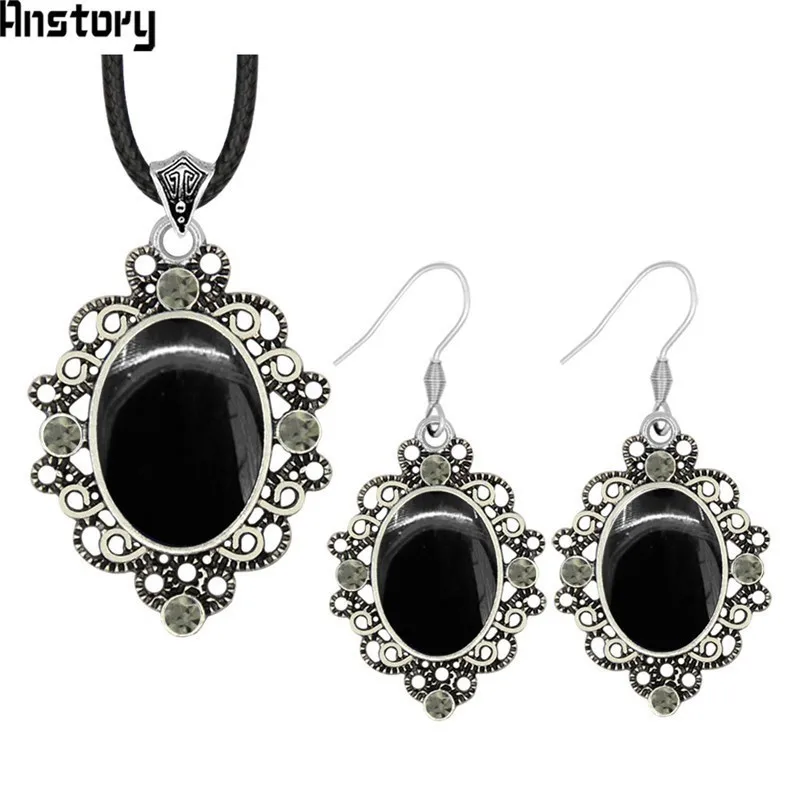 Oval Vintage Stone Jewelry Set Crystal Necklace Earrings Hollow Flower Antique Silver Plated Fashion For Woman TS475|Ювелирные наборы|