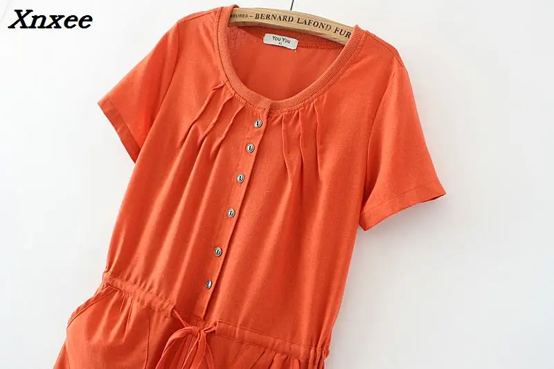 

Plus size summer women casual dress o neck cotton linen elastic waist cress loose solid dresses summerwear Xnxee