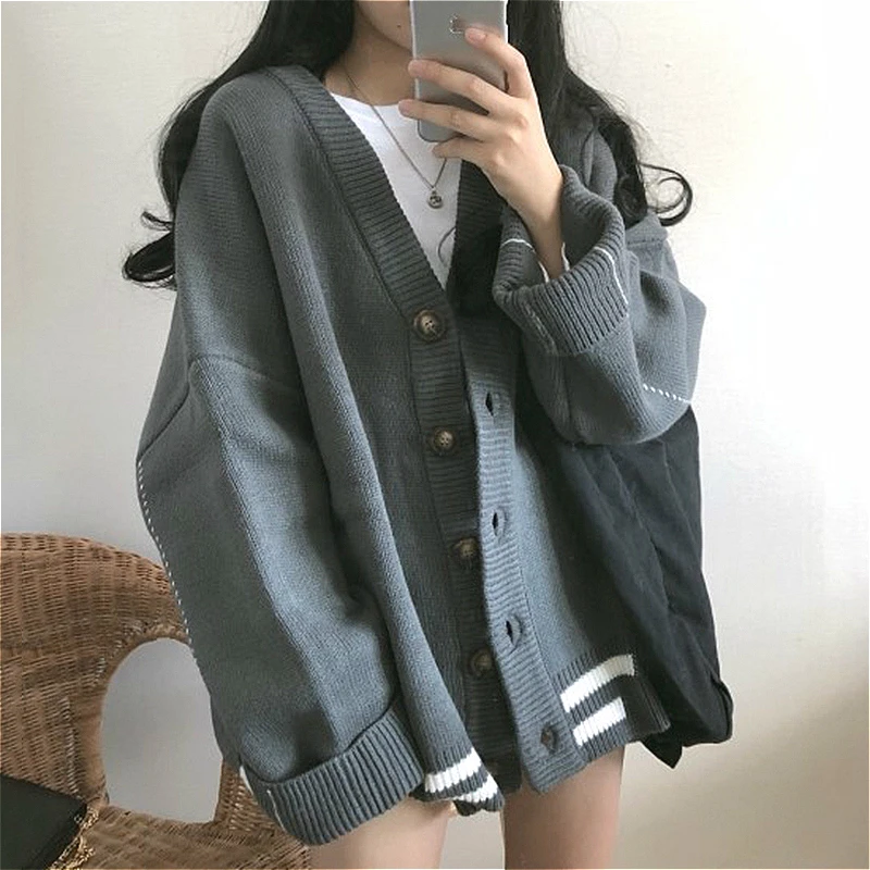 PEONFLY Autumn Korean V-neck Jumper Cardigan Women Harajuku Loose Long Sleeve Coat Femme Sweater |