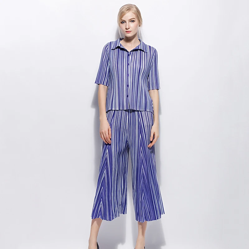 LANMREM полосатый принт плиссированные 2 шт. брюки для женщин отложной воротник