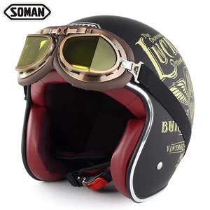 SOMAN Vintage Motorcycle Helmet with Goggles Retro Helm Open Face Motorbike Helmet Cascos De Moto DOT Approval SM512
