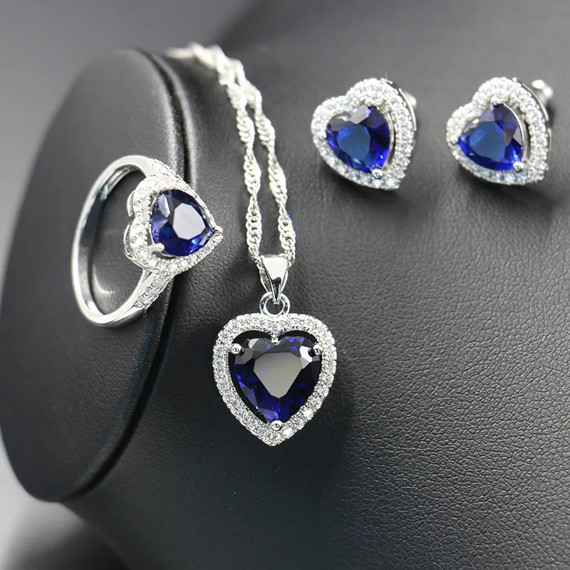 Heart Montana blue Zircon 925 Sterling Silver Jewelry Set For Women Wedding Accessories Earrings/Pendant/Necklace/Rings/Bracelet | Украшения