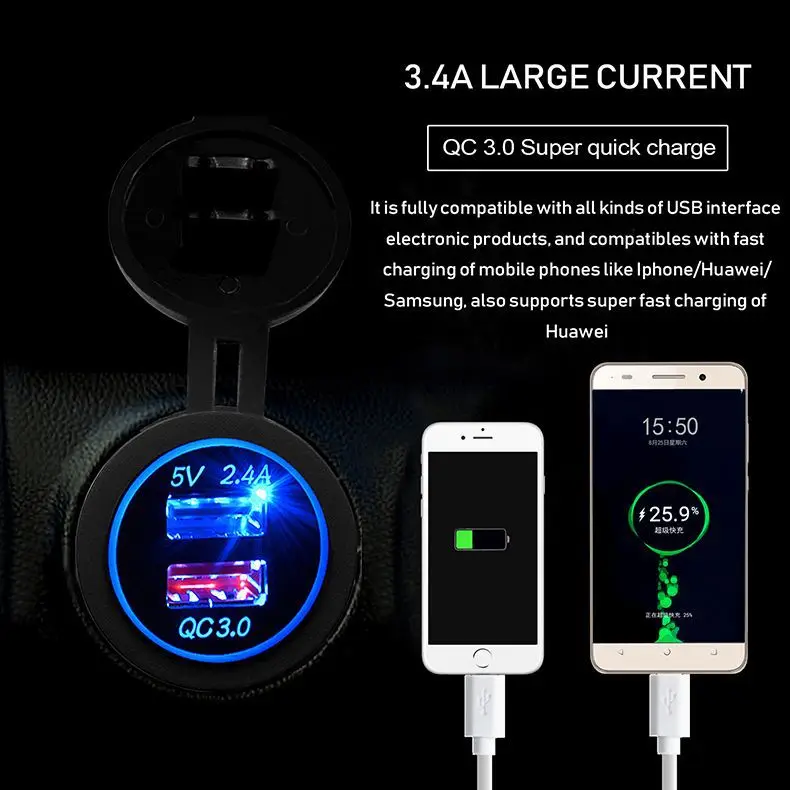 CARCHET автомобильный мотоцикл RV супер быстрая зарядка QC 3 0 двойной USB Авто ATV телефон