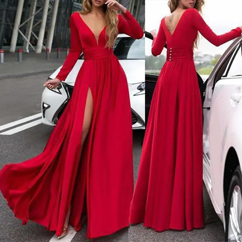Женское платье с длинным рукавом и треугольным вырезом Формальное вечернее