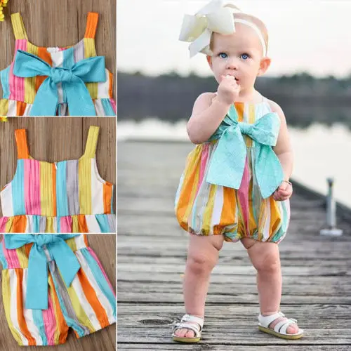 2019 Newborn Infant Kid Baby Girl Sleeveless Romper Strap Stripe O-neck Cotton Jumpsuit Bowknot Summer Outfit Wholesale | Детская одежда