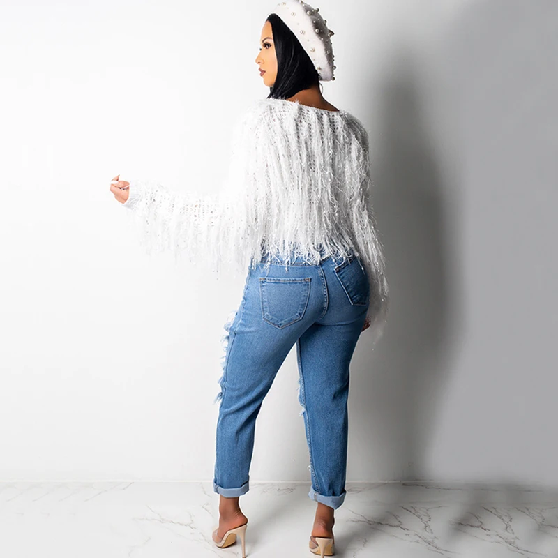 Свитер с бахромой Женский Осенний вязаный пуловер джемпер однотонная одежда