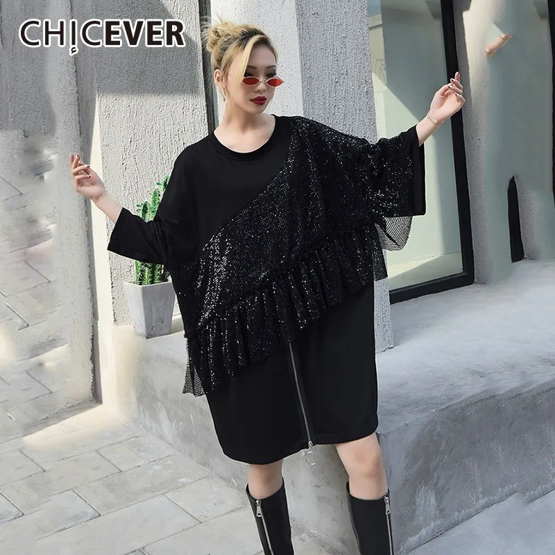 CHICEVER Весенняя Лоскутная расшитая блестками футболка для женщин длинный рукав