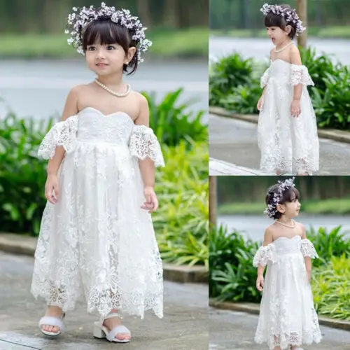 2019 Brand Princess Kids Baby Girls Lace Long Dress New Summer Off Shoulder Flower Pageant Party Bridesmaid Formal | Детская одежда и