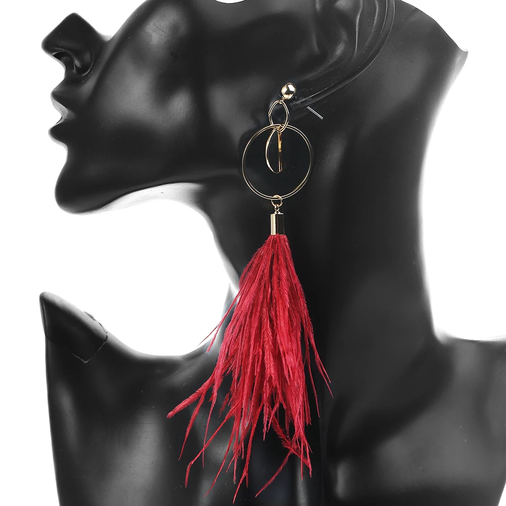 Серьги с перьями, длинные кристальные кисточки, украшения для женщин на свадьбу в богемском стиле из настоящего страуса.