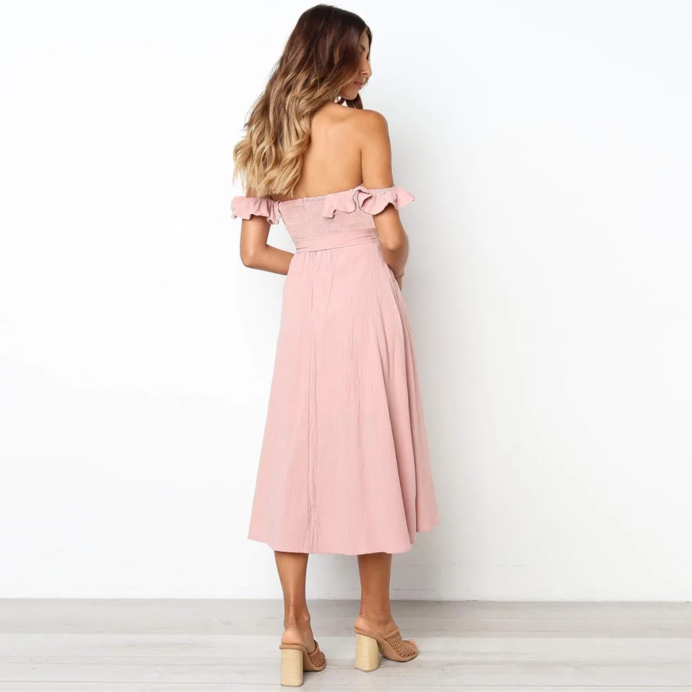 Boho женское летнее платье миди с открытыми плечами и бантом 2019 Повседневное
