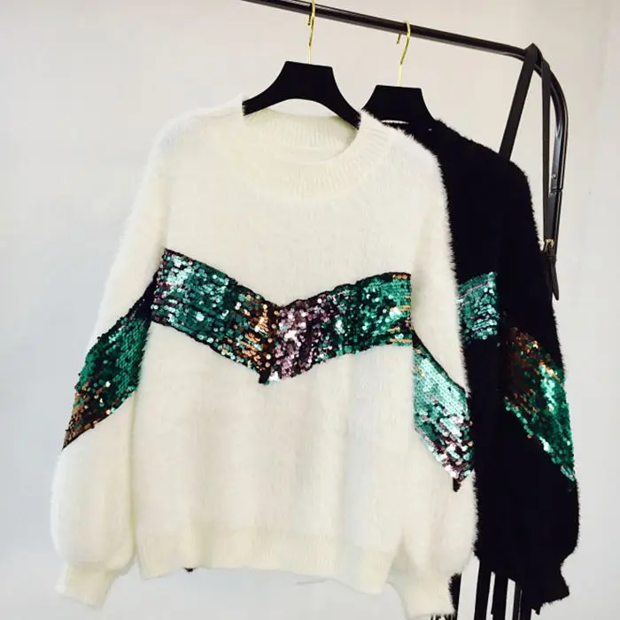 Overseized Mohair Sweater Women 2018 Autumn Winter Warm Rabbit Hair Glitter Patchwork Batman Sleeve Thick Loose Pullover | Женская