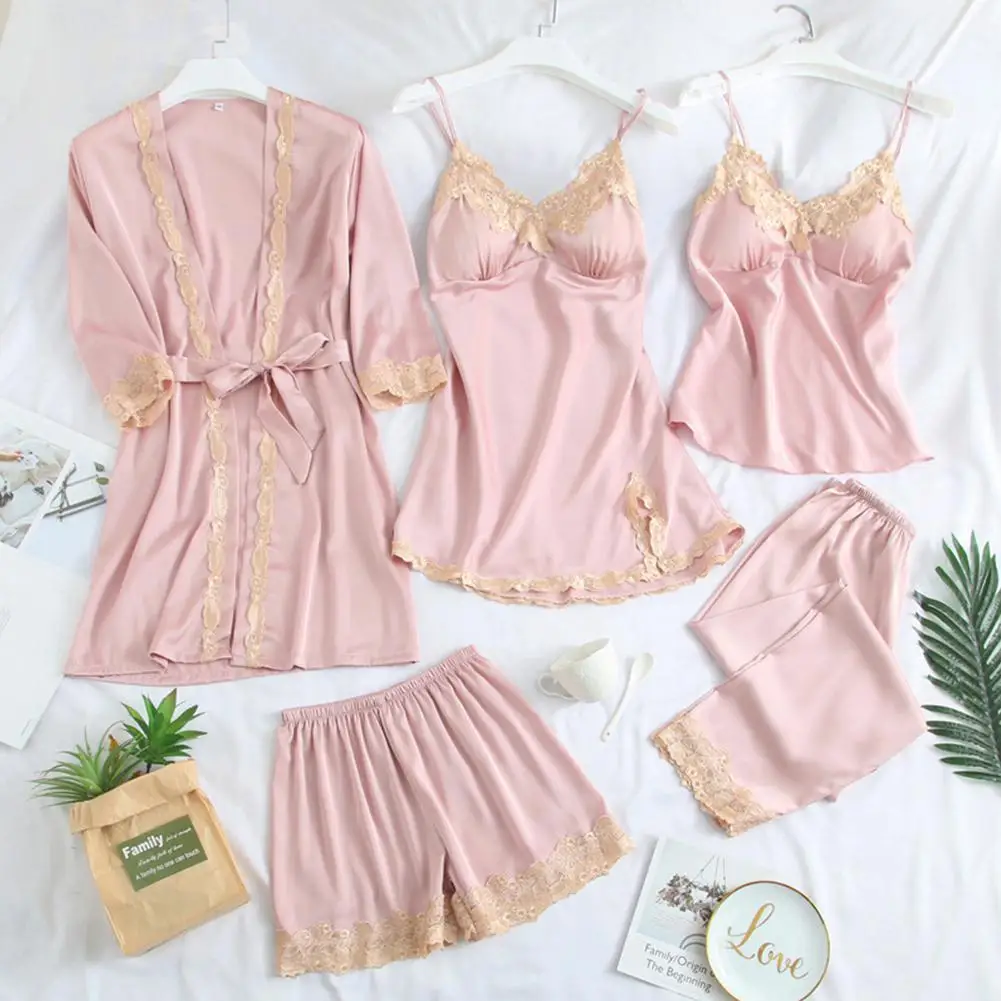 

MISSKY MISSKY 5Pcs Women Pajama Sets Solid Color Sexy Thin Robe Nightgown Ccondole Belt Shorts Trousers Set Female Sleepwear