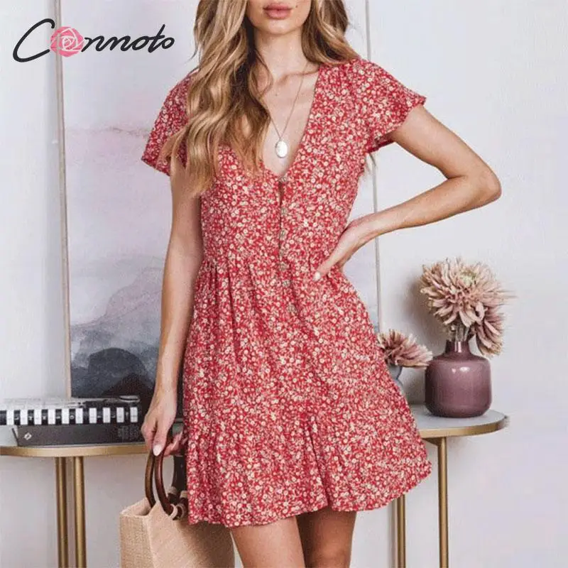 Conmoto модные пикантные V образным вырезом Цветочный принт короткое платье Для