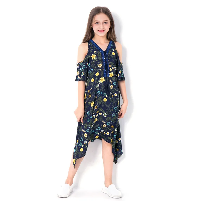 Off the Shoulder Teenage Girls Chiffon Dress Summer 2019 Floral Print Sequined Holiday Beach Clothing 10 12 years | Детская одежда и