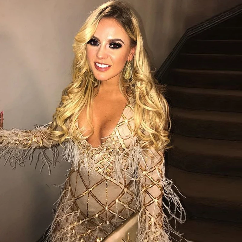Клетчатое Сетчатое вечернее платье женские модные платья с перьями и блестками
