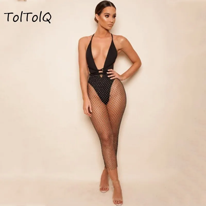 TolTolQ 2019 Сексуальная кофта сетка Бриллиантовая юбка средней длины с вырезами