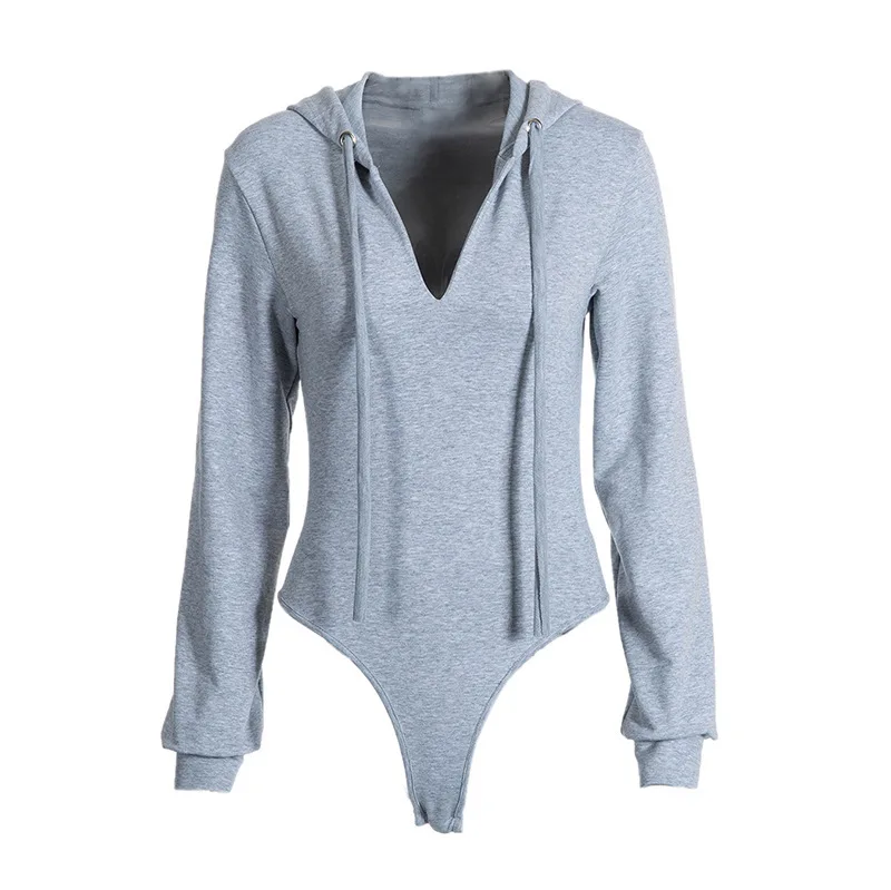 cotton sexy bodysuit long sleeve deep v hoodies gray casual fashion Body Mujer Skinny Jumpsuit Autumn Winter Romper | Женская одежда