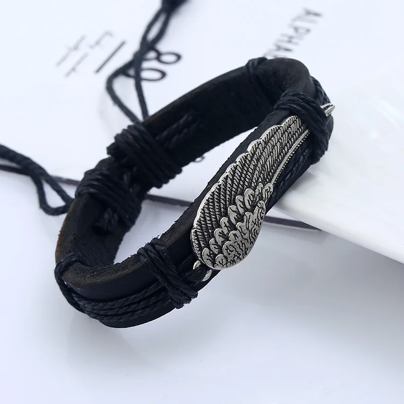 Vintage Punk Alloy Weave Wing Cowhide charms Bracelet homme men Man Leather Jewelry Gothic bracelets for women bijoux femme | Украшения и