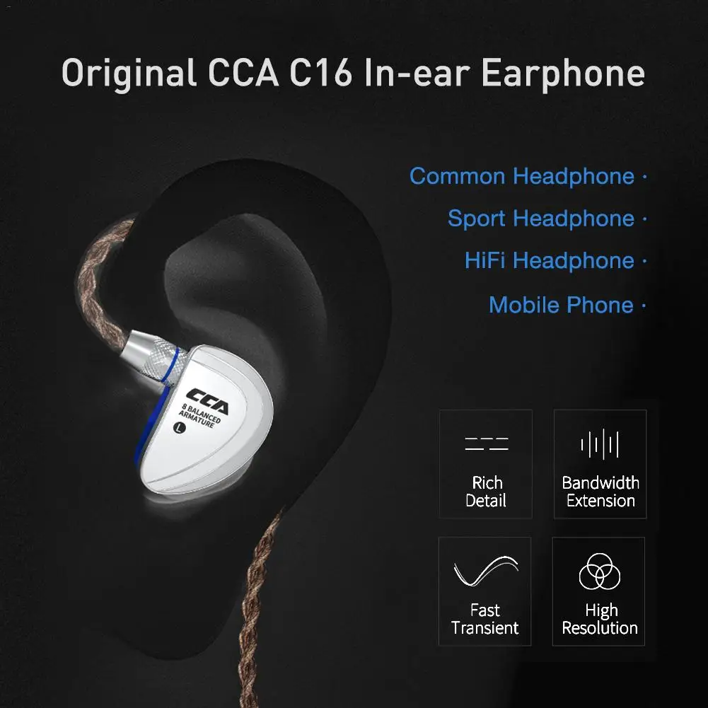 CCA C16 8BA Drive Units In Ear Earphone 8 Balanced Armature HIFI Monitoring Headset With Detachable Detach 2PIN Cable | Электроника