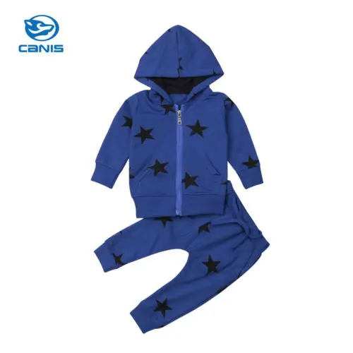 2018- Baby Boy Girl Infant Clothes Autumn Winter Star Partten Long Sleeve Zipper Hooded Sweatshirt Tops+Pants 2PCS Set Outfits |