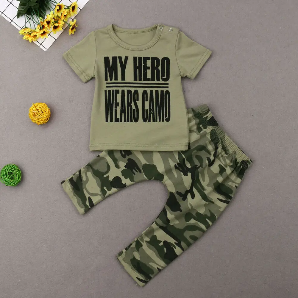 Newborn Kids Baby Boys 2PCS Sets Letter Print Tops T-shirt Camo Pants Outfits Set Clothes 0-2Years |