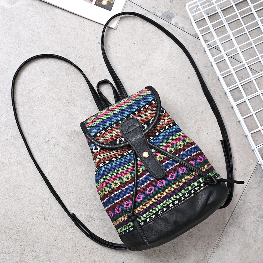 Guapabien женщины Drawstring Hasp этнический стиль холст PU Кожа Лоскутное Рюкзак|Женские
